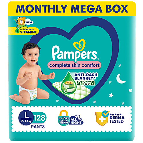 Pampers  Complete Skin Comfort Diaper Pants - L, 9-14 Kg, 128 pcs  Anti-Rash Blanket, Lotion With Vitamin E & Aloe Vera