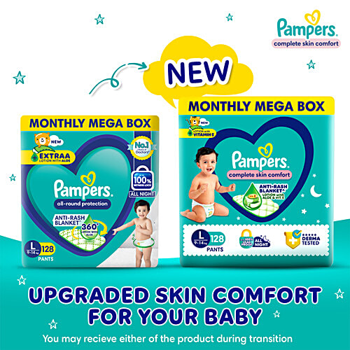 Pampers  Complete Skin Comfort Diaper Pants - L, 9-14 Kg, 128 pcs  Anti-Rash Blanket, Lotion With Vitamin E & Aloe Vera
