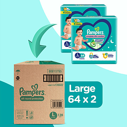 Pampers  Complete Skin Comfort Diaper Pants - L, 9-14 Kg, 128 pcs  Anti-Rash Blanket, Lotion With Vitamin E & Aloe Vera