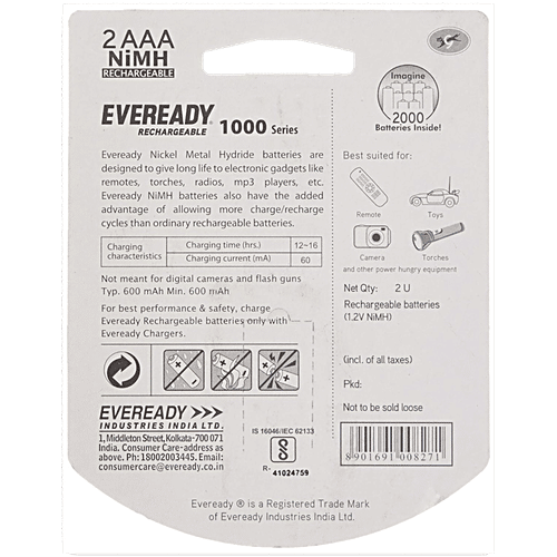 Eveready 1000 Series AAA Rechargeable Batteries, 2 pcs  Durable & Cost Effective