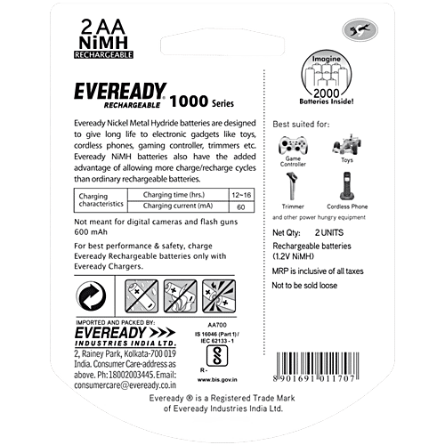 Eveready 1000 Series AA Rechargeable Batteries, 2 pcs  Durable & Cost Effective