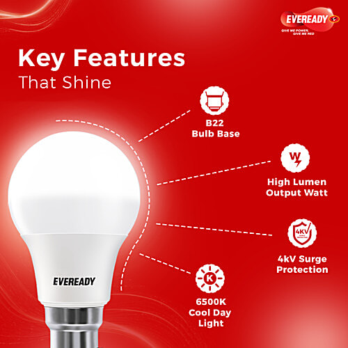 Eveready 9W 6500K LED Bulb - Cool Day Light, 1 pc  B22 Base, Energy-Efficient, 4kV Surge Protection, Long-Lasting Durability