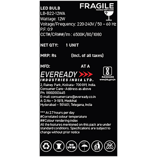 Eveready 12W 1080 Lumens LED Bulb - 6500K Cool Day Light, B22 Base, 2 Star BEE Rating, 1 pc 4kV Surge Protection, Long-Lasting Durability