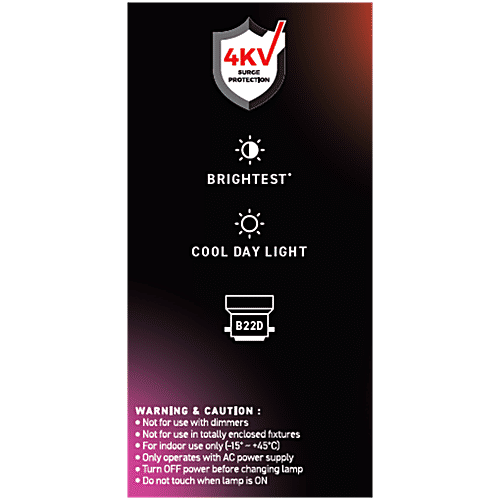 Eveready 12W 1080 Lumens LED Bulb - 6500K Cool Day Light, B22 Base, 2 Star BEE Rating, 1 pc 4kV Surge Protection, Long-Lasting Durability