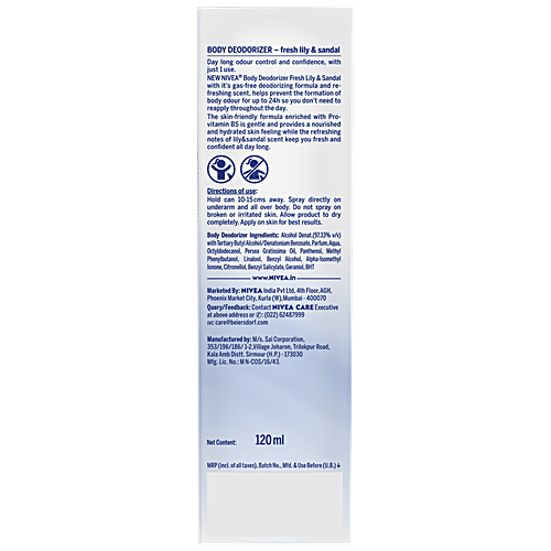 Nivea Women Gas Free Deodorant - Fresh Lily & Sandal, Daylong Odour Control With 1 Use, 120 ml  