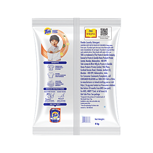 Tide Plus Double Power Detergent Washing Powder - Lemon & Mint, 8 kg  Removes Deep-Seated Tough Stains, Removes Bad Odour, Leaves Clothes Fresh & Bright