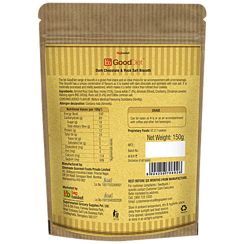 bb Gooddiet Biscotti - Dark Chocolate & Rock Salt, Gluten Free, 150 g Gluten Free, No Added Sugar
