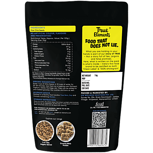 True Elements Raw Chia Seeds, 1 kg  Rich In Omega 3, Zinc & Fibre
