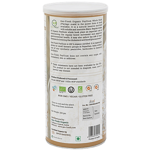Geo-Fresh Whole Husk - Organic Psyllium, USDA Certified, 200 g 200gm 