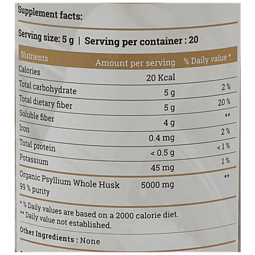 Geo-Fresh Whole Husk - Organic Psyllium, USDA Certified, 200 g 200gm 