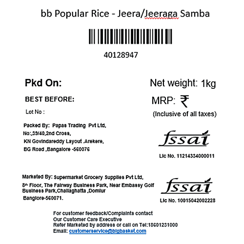 bb Popular Rice/Akki - Jeera/Jeeraga Samba, 1 kg  