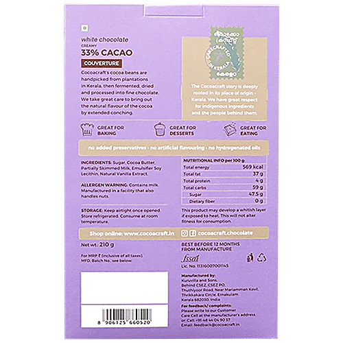 Cocoacraft White Chocolate - 33% Cacao Couverture, 210 g  Creamy, No Added Preservatives