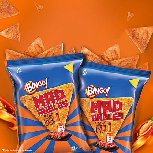 Bingo! Mad Angles Very Peri Peri - Spicy & Crunchy Corn Based Triangle Chips Pack For Snacks, 66 g Perfect Triangular Shape