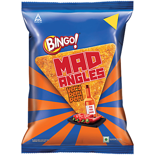 Bingo! Mad Angles Very Peri Peri - Spicy & Crunchy Corn Based Triangle Chips Pack For Snacks, 66 g Perfect Triangular Shape