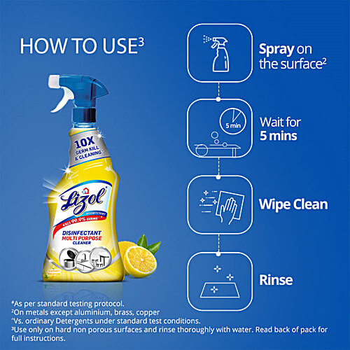 Lizol Disinfectant Multi-Purpose Power Cleaner Liquid Spray - Lemon, 450 ml 10X Germ Kill & Cleaning, Kills 99.9% Germs