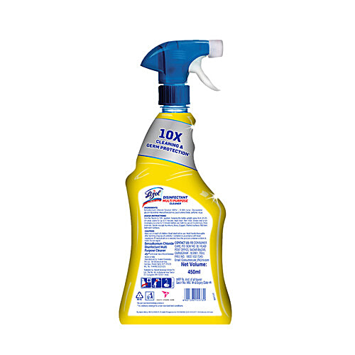 Lizol Disinfectant Multi-Purpose Power Cleaner Liquid Spray - Lemon, 450 ml 10X Germ Kill & Cleaning, Kills 99.9% Germs