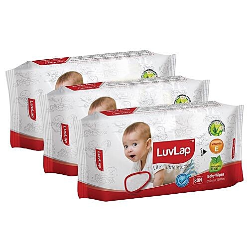 LuvLap Baby Wet Wipes - With Aloe Vera & Chamomile Extract, Paraben Free, 72 pulls Pack of 3 + 24 Wipes Free Paraben Free