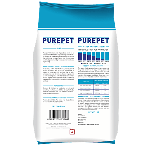 Purepet Chicken & Vegetable Adult Dog Dry Food, 1 kg  Ideal Weight Formula