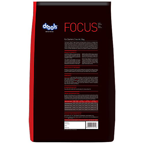 Drools Focus Super Premium All Breed Formula - For Starter Dogs, Corn & Wheat-Free, 15 Kg (Get Free 1.2 Kg Extra Inside) No Artificial Colors or Flavor