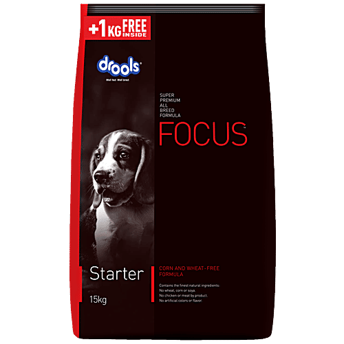 Drools Focus Super Premium All Breed Formula - For Starter Dogs, Corn & Wheat-Free, 15 Kg (Get Free 1.2 Kg Extra Inside) No Artificial Colors or Flavor