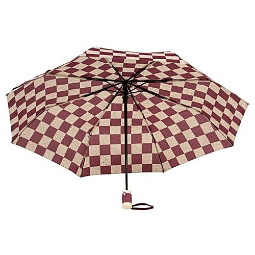 DP Three Fold Windproof Printed Premium Umbrella - Auto Open & Close, Cream & Maroon, 1 pc Windproof