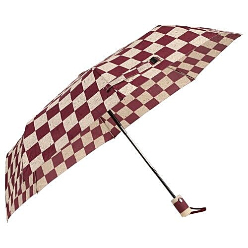 DP Three Fold Windproof Printed Premium Umbrella - Auto Open & Close, Cream & Maroon, 1 pc Windproof