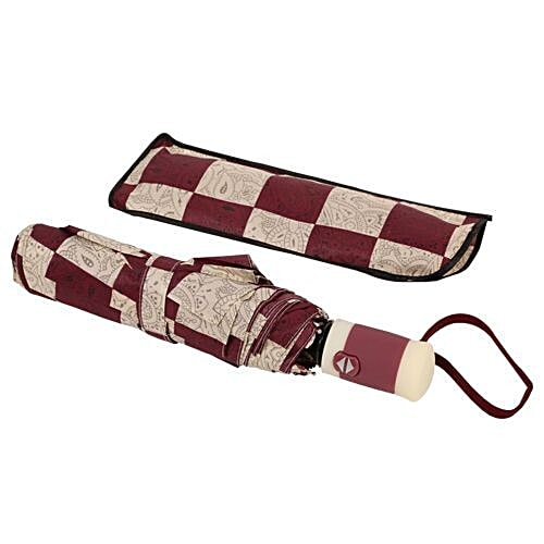DP Three Fold Windproof Printed Premium Umbrella - Auto Open & Close, Cream & Maroon, 1 pc Windproof