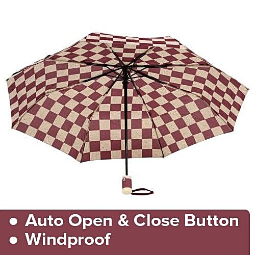 DP Three Fold Windproof Printed Premium Umbrella - Auto Open & Close, Cream & Maroon, 1 pc Windproof