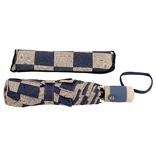 DP Three Fold Windproof Printed Premium Umbrella - Auto Open & Close, Cream & Blue, 1 pc Windproof