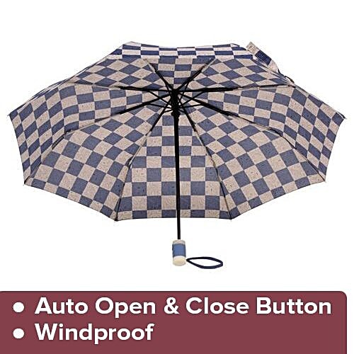 DP Three Fold Windproof Printed Premium Umbrella - Auto Open & Close, Cream & Blue, 1 pc Windproof