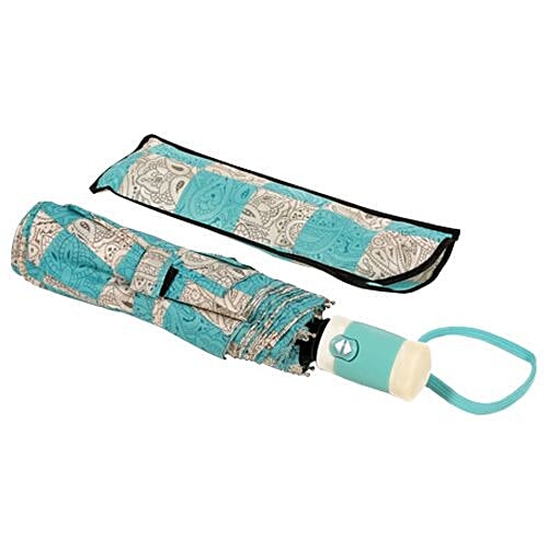 DP Three Fold Windproof Printed Premium Umbrella - Auto Open & Close, Cream & Sea Green, 1 pc  Windproof