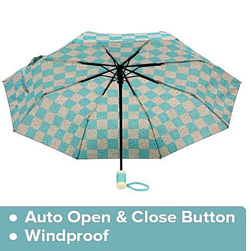 DP Three Fold Windproof Printed Premium Umbrella - Auto Open & Close, Cream & Sea Green, 1 pc  Windproof