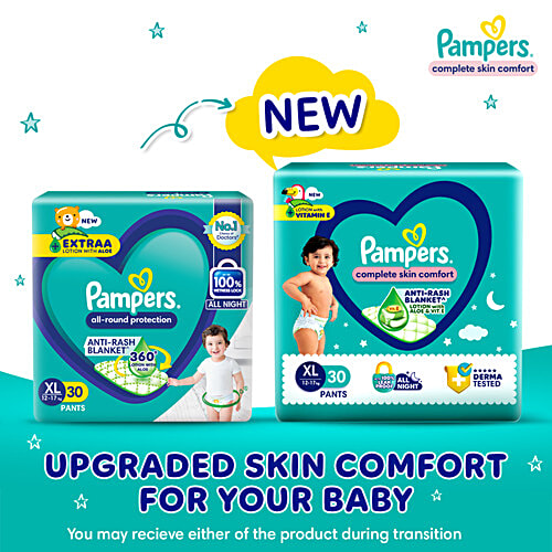 Pampers  Complete Skin Comfort Diaper Pants - XL, 12-17 Kg, 30 pcs  Anti-Rash Blanket, Lotion With Vitamin E & Aloe Vera