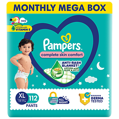 Pampers  Complete Skin Comfort Diaper Pants - XL, 12-17 Kg, 112 pcs  Anti-Rash Blanket, Lotion With Vitamin E & Aloe Vera
