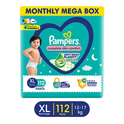 Pampers  Complete Skin Comfort Diaper Pants - XL, 12-17 Kg, 112 pcs  Anti-Rash Blanket, Lotion With Vitamin E & Aloe Vera