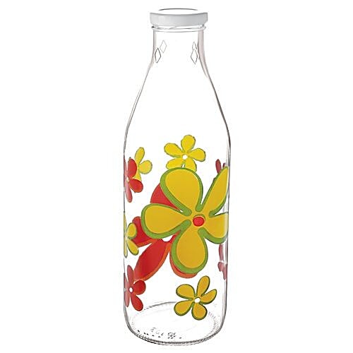 Cello Bottle - Bri Glass, With Cover, Yellow & Red Flowers, 1 L  