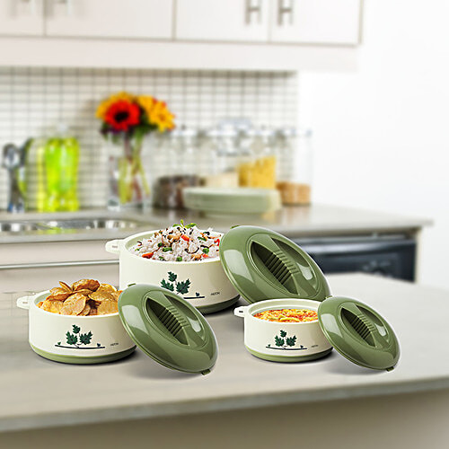 Milton Orchid Insulated Thermoware Jr Casserole For Roti/Chapati Gift Set - Green, 3 pcs (450 ml + 850 ml + 1.5 L) 