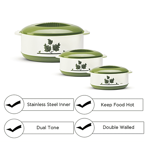 Milton Orchid Insulated Thermoware Jr Casserole For Roti/Chapati Gift Set - Green, 3 pcs (450 ml + 850 ml + 1.5 L) 