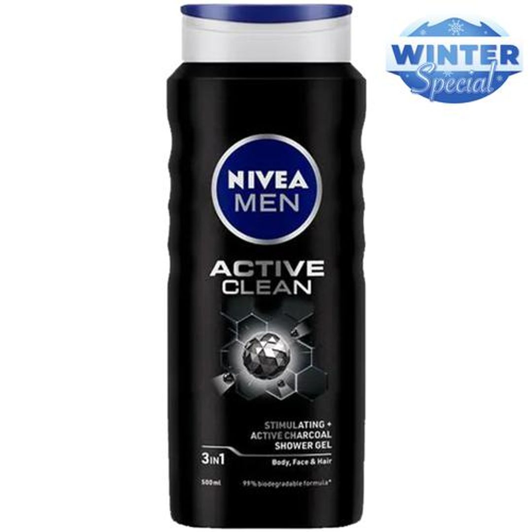 NIVEA Active Clean Shower Gel With Active Charcoal For Body, Face & Hair, 500 ml 