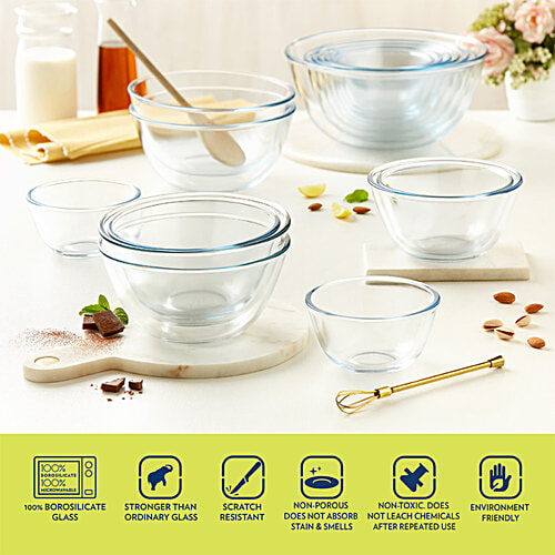 Borosil Serving & Mixing Bowl Borosilicate Glass Bowl For Kitchen & Dinning, 2 pcs (1.3 L + 1.7 L) Multipurpose Bowl for Mixing Dough, Salad, Batter, Pasta, Microwave & Dishwasher Safe
