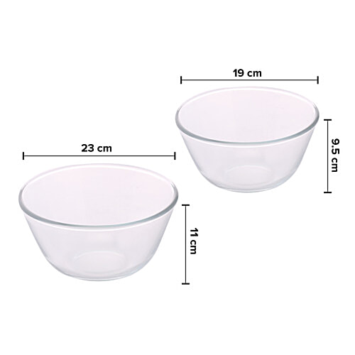 Borosil Serving & Mixing Borosilicate Glass Bowl For Kitchen & Dinning, 2 pcs (1.3 L + 2.5 L) Multipurpose Bowl for Mixing Dough Salad, Batter, Pasta, Microwave & Dishwasher Safe