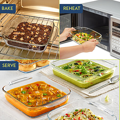 Borosil Square Dish With Handle - IH22DH16180, 800 ml Microwave & Dishwasher Proof