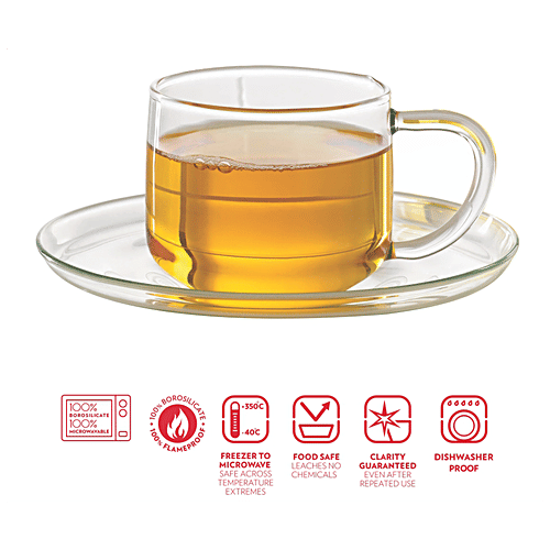 Borosil Piccolo Cup & Saucer - IH77CS01115, 150 ml (Set of 6) Dishwasher Proof, Food Safe