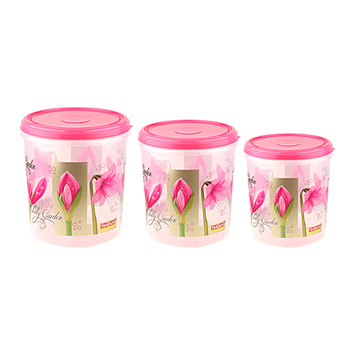Ratan Ruby Plastic Storage Printed Container - Lily Garden, Assorted Colour, 3 pcs  