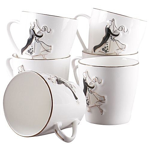 Clay Craft Chai/Bonechina Coffee Mug - Couple Print, 180 ml Set of 6 Microwave & Dishwasher Safe