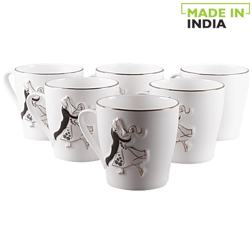 Clay Craft Chai/Bonechina Coffee Mug - Couple Print, 180 ml Set of 6 Microwave & Dishwasher Safe
