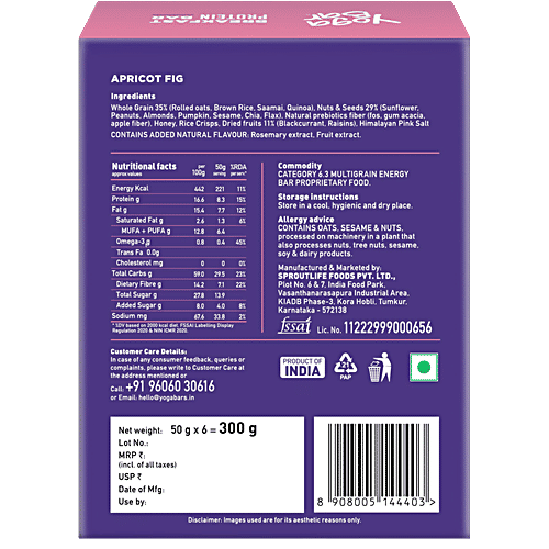 Yoga Bar Breakfast Protein Bars - Apricot Fig, Healthy Snack, Rich In Protein & Fibre, 50 g (Pack of 6) Fibre & Protein Rich