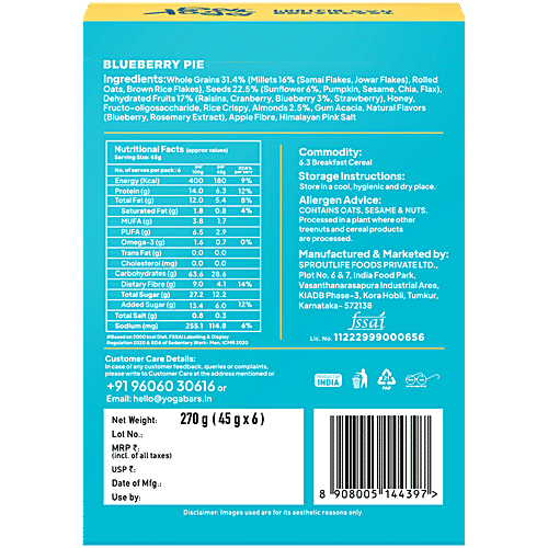Yoga Bar Breakfast Protein Bars - Blueberry Pie, Healthy Snack, Rich In Protein & Fibre, 270 g (45 g x 6 pcs) Fibre & Protein Rich