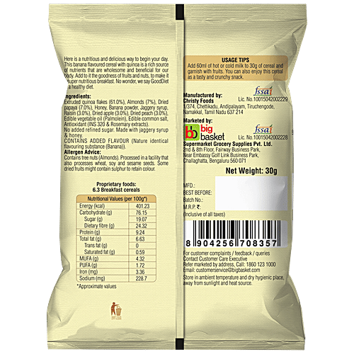 GoodDiet Quinoa Cereal With Fruits & Nuts - Banana Flavour, 30 g  