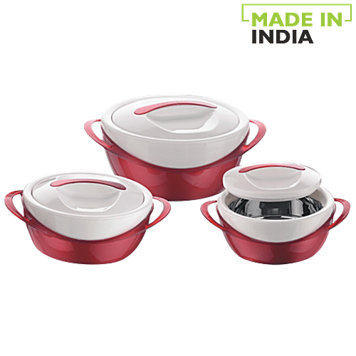 Pinnacle Casserole For Roti/Chapati - Red, Panache, 3 pcs (600 ml + 1.2 L + 2.5 L) 